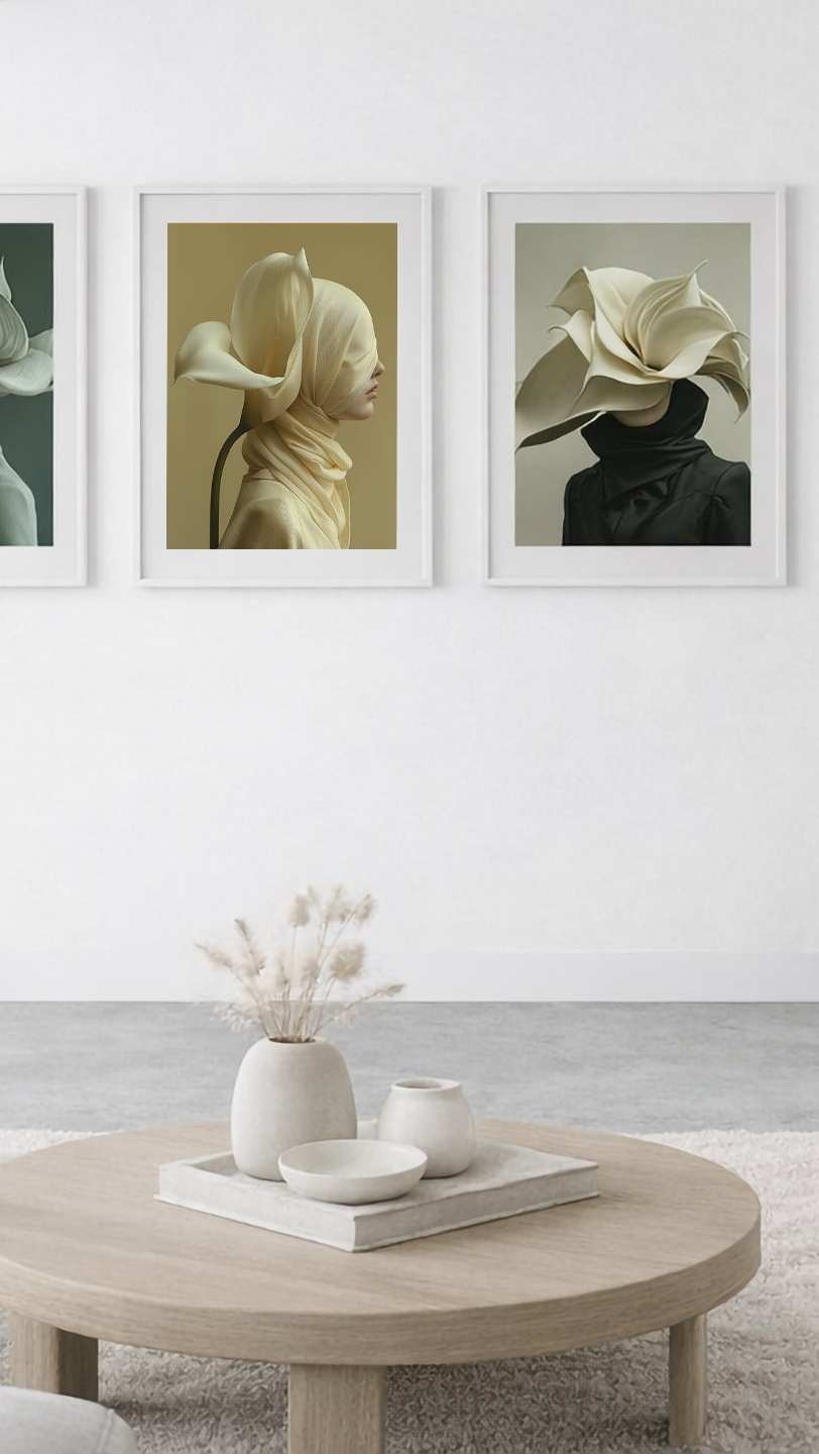 Modern loft-style living room with a curated gallery wall of contemporary photographic art prints in white frames and wide white margins.